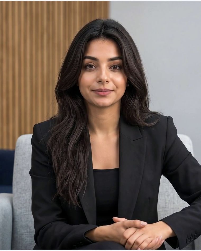 Nadia, la présentatrice virtuelle des capsules&nbsp;: une femme aux longs cheveux bruns, en veste noire, assise dans un fauteuil. Image générée par intelligence artificielle.